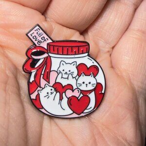 Cat Brooch Jar of Hearts Full of Love Enamel Tack Pin 1.5”
